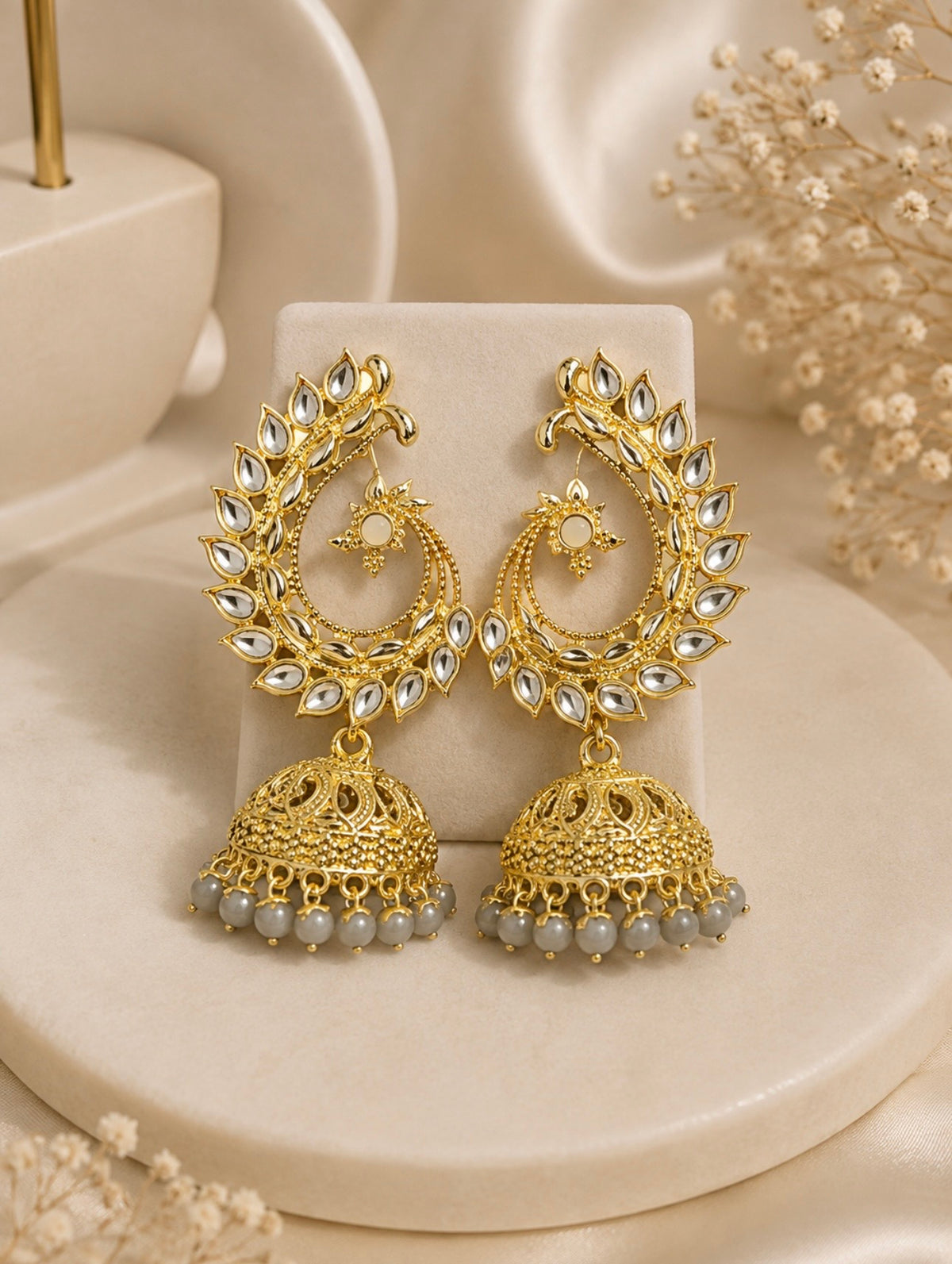 Grey Kundan Peacock Jhumka Earrings
