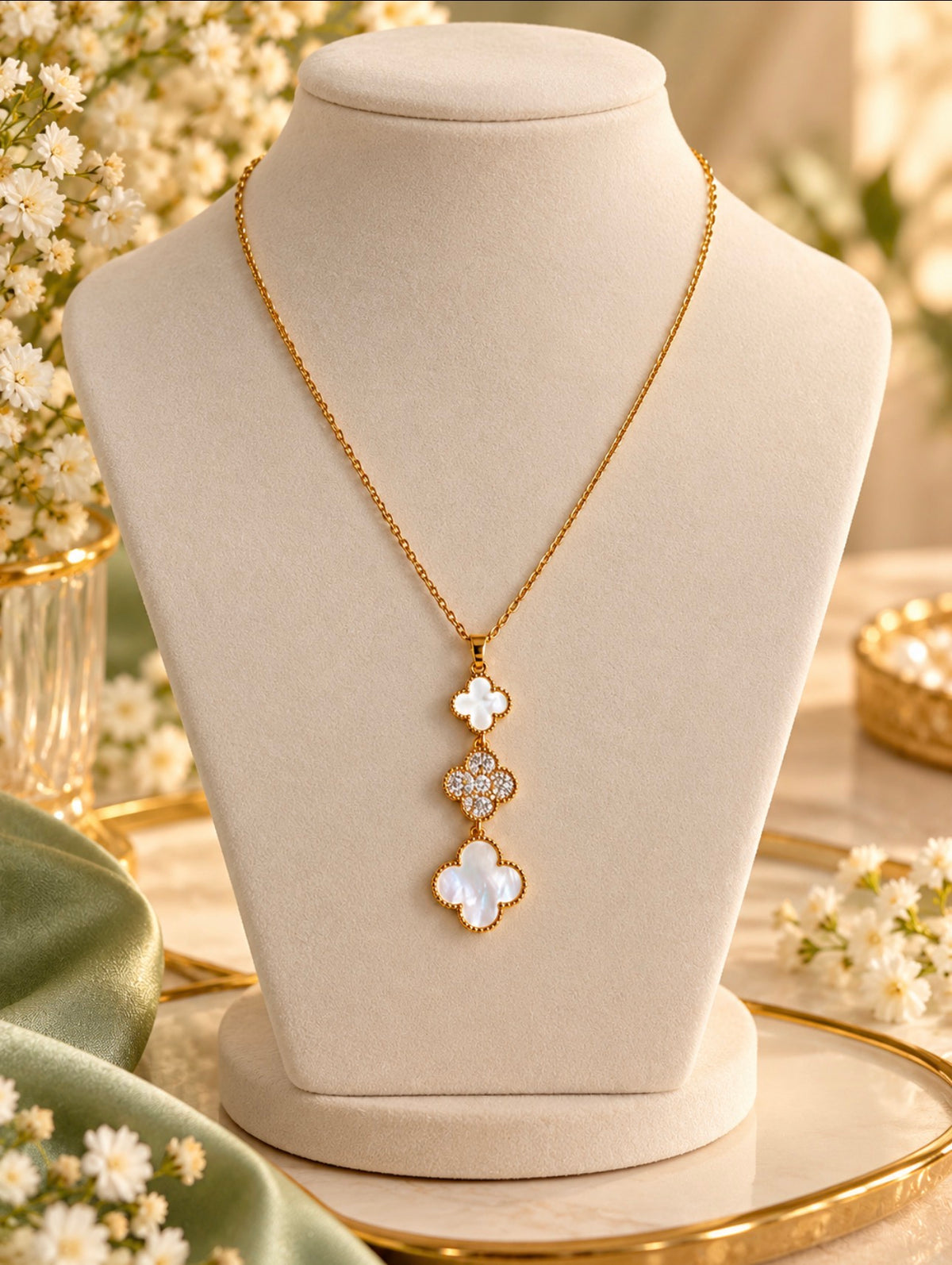 Golden Triple Clover Pendant Necklace