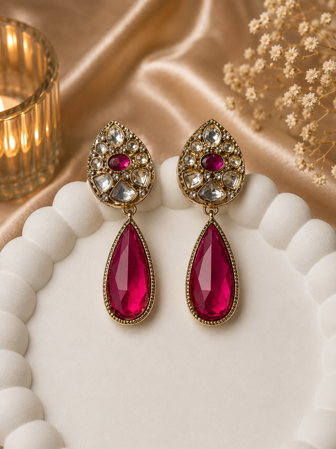 Crimson Teardrop Kundan Earrings