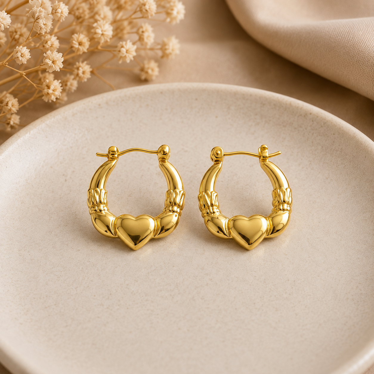 Golden Heart Charm Hoop Earrings