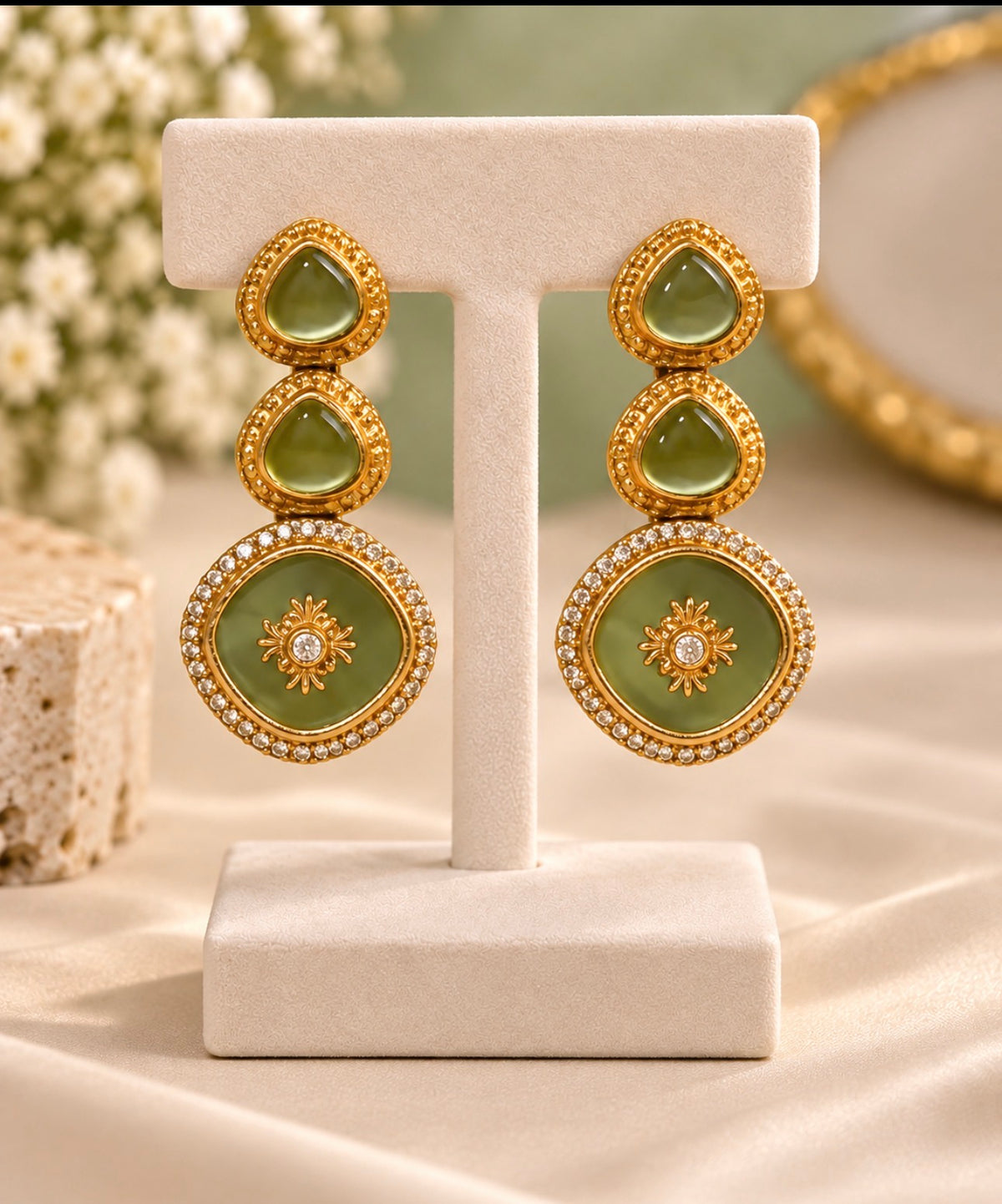 Olive Elegance Triple-Drop Earrings