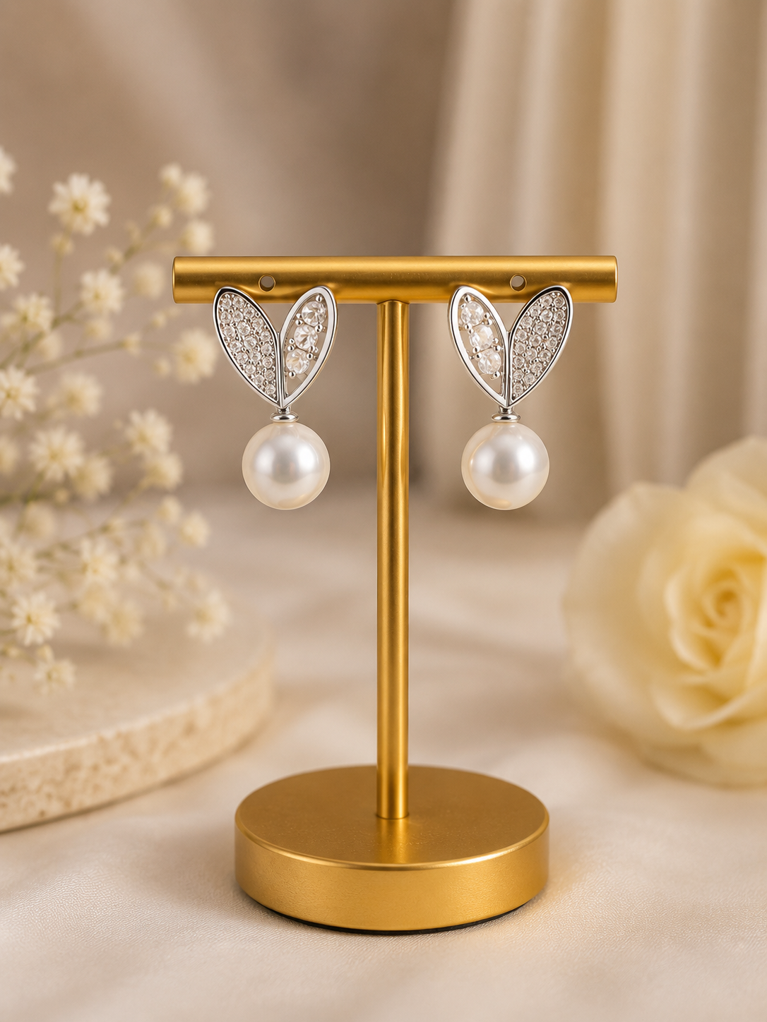 Crystal Heart Pearl Earrings