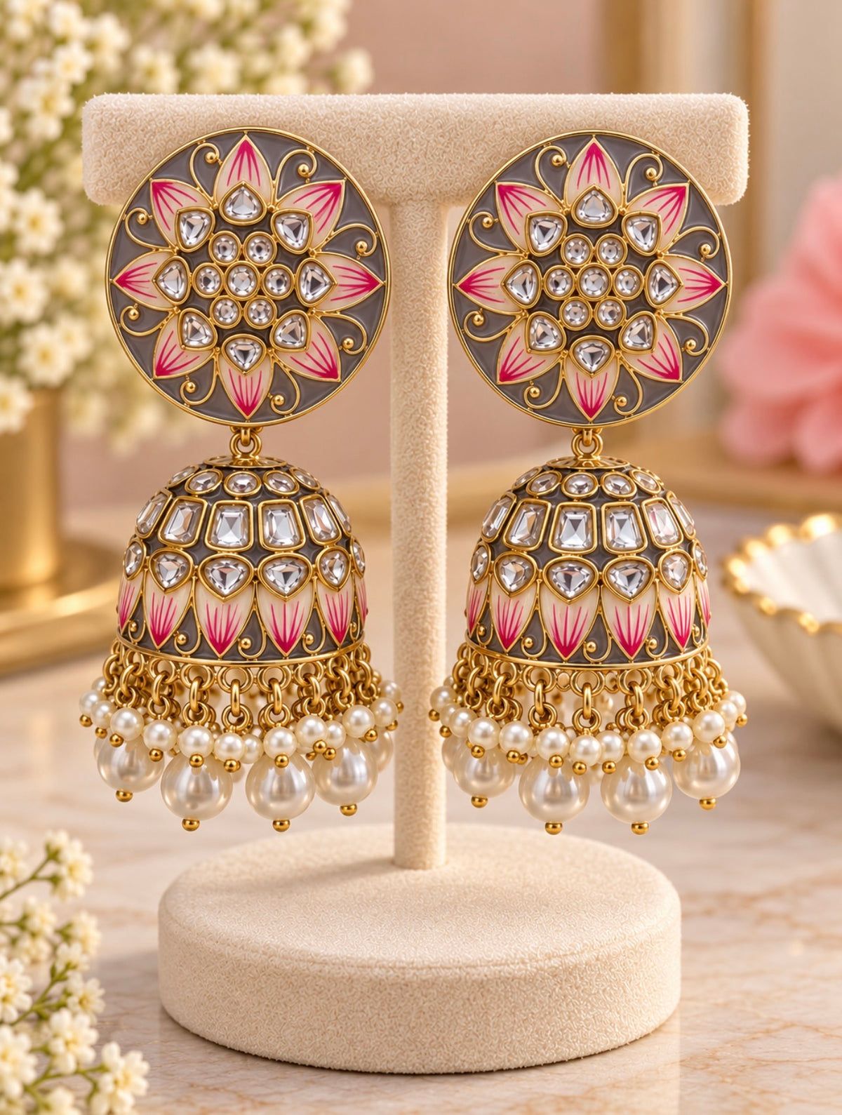 Grey & Pink Enamel Jhumkas