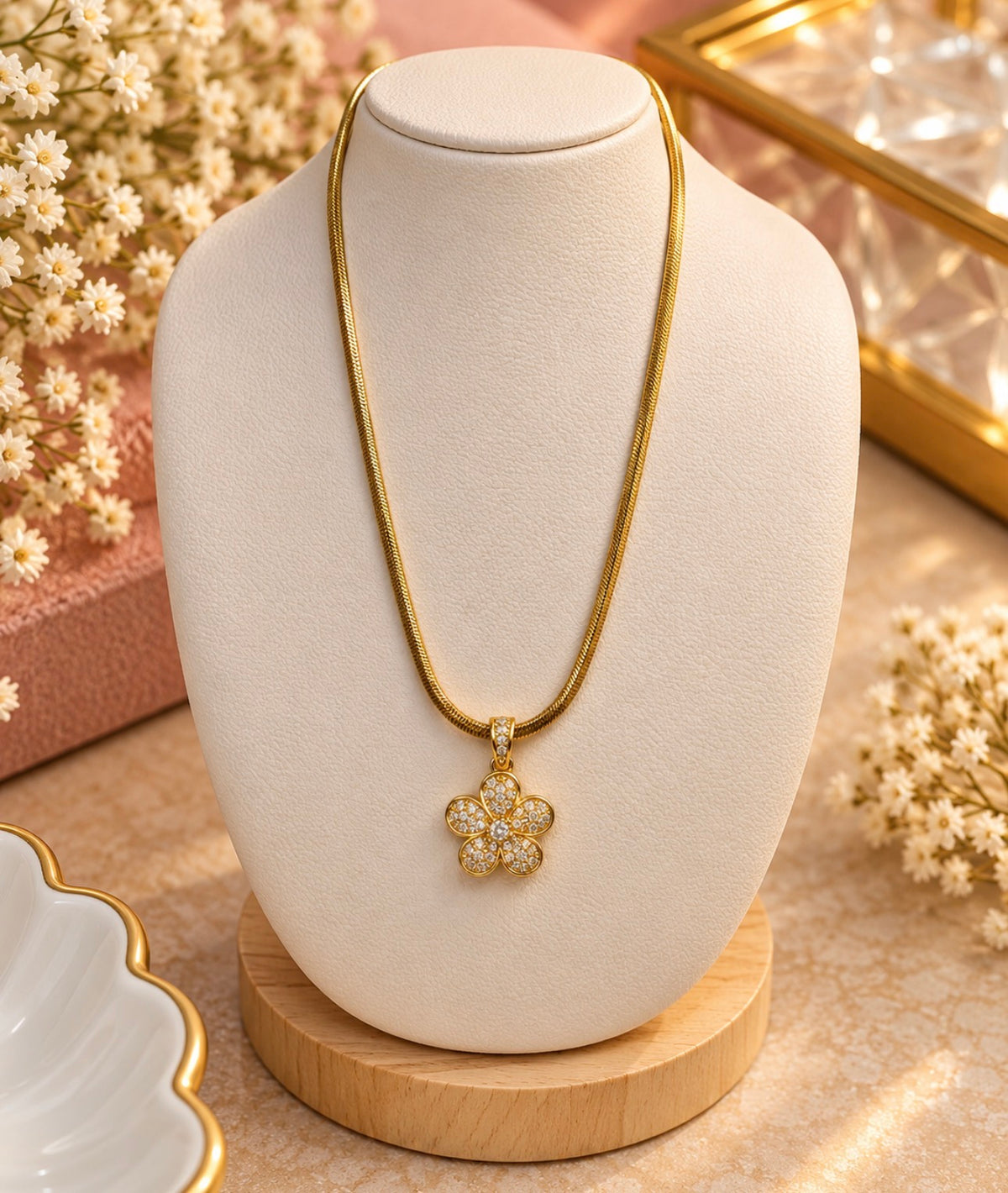 Golden Floral CZ Pendant Necklace
