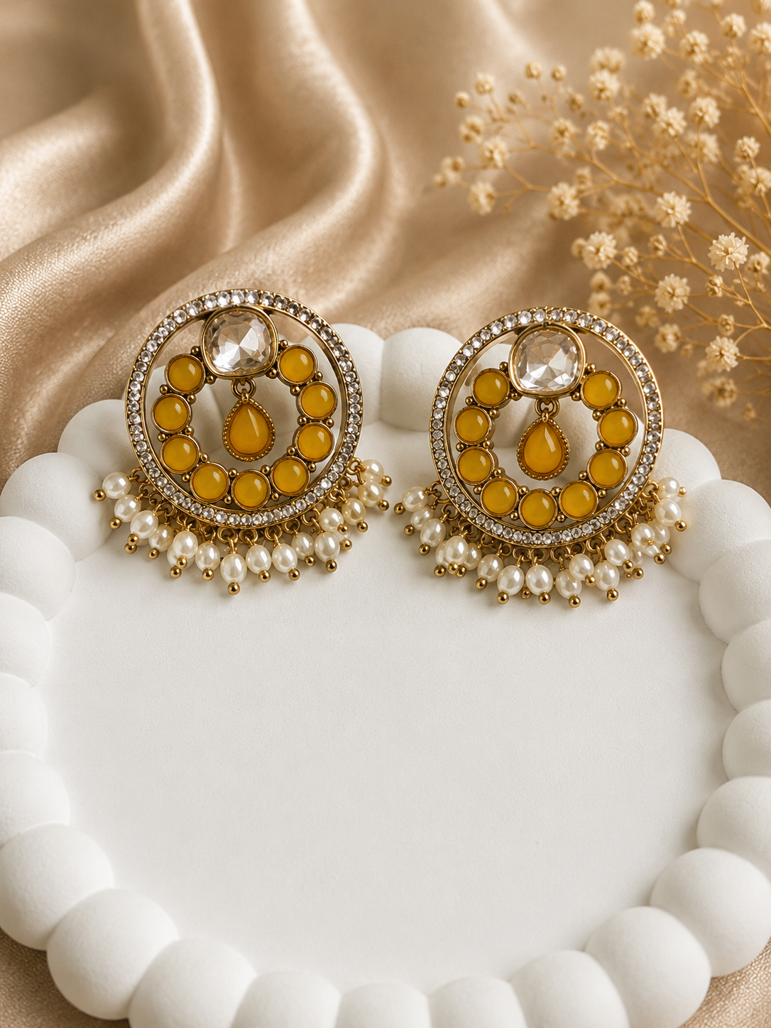 Pearl Halo Chandbalis- yellow
