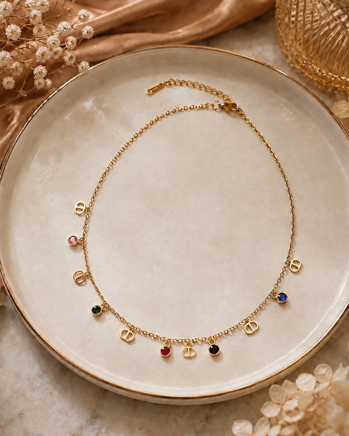 Gemstone Charm Initial Necklace