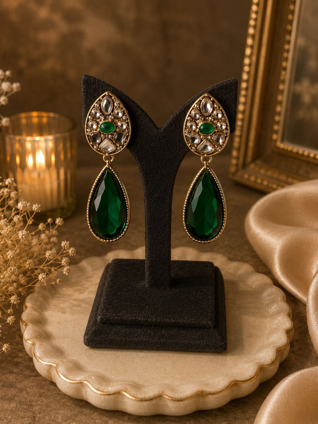 Emerald Teardrop Kundan Earrings