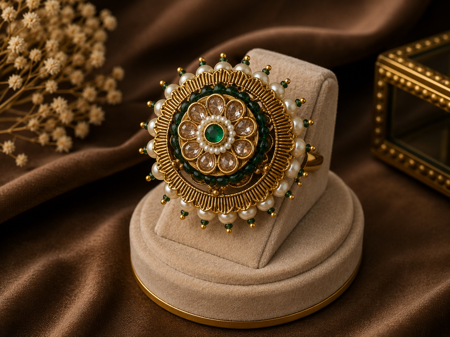 Emerald Bloom Kundan Ring