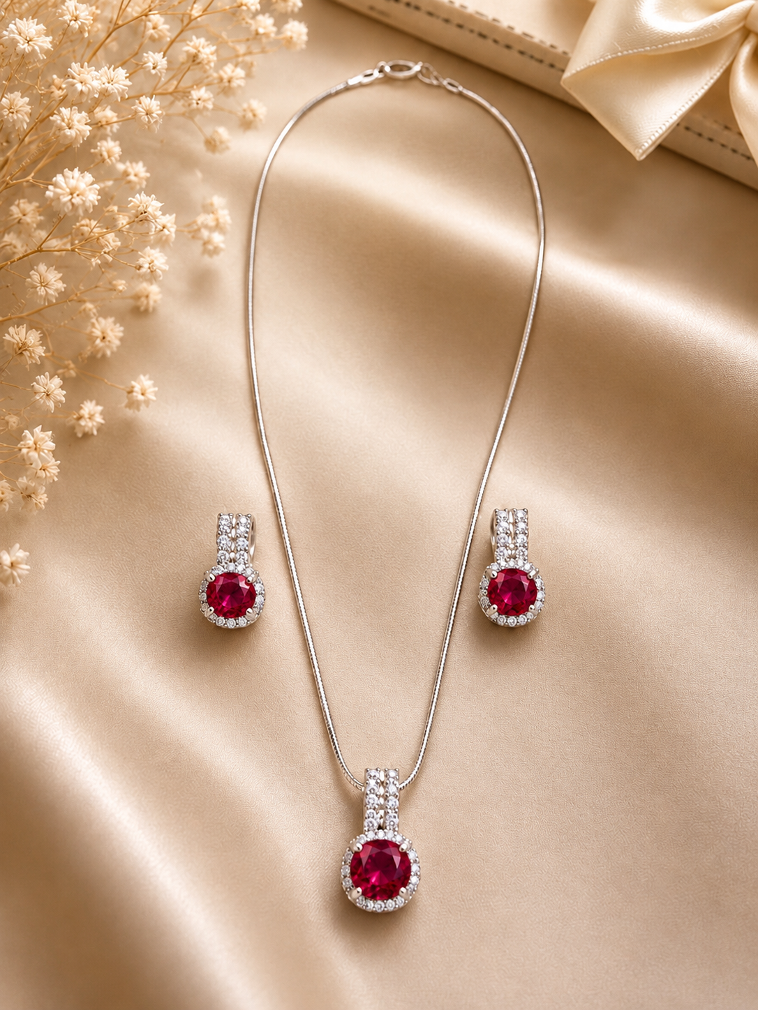 Ruby CZ Pendant and Earrings Set
