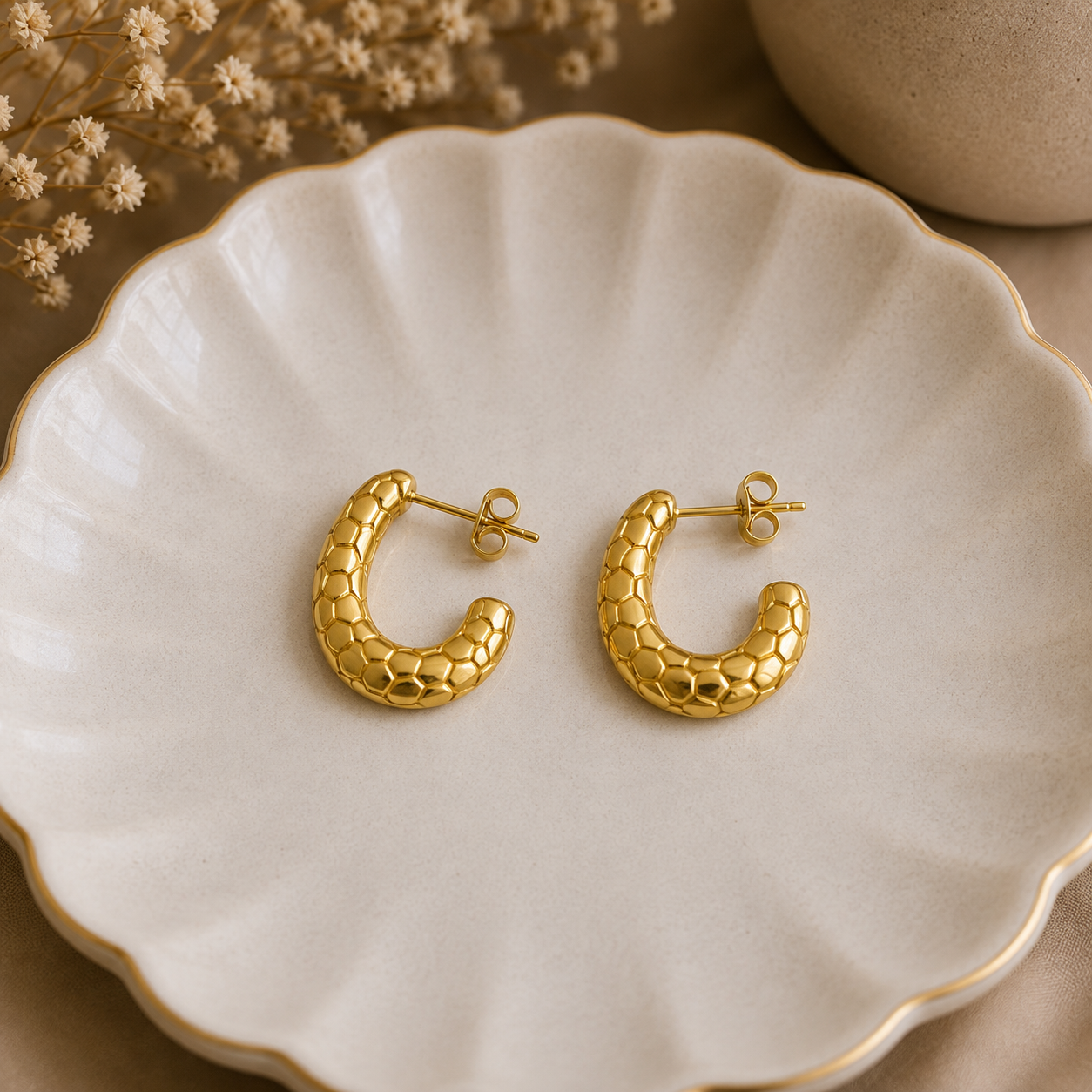 Honeycomb Textured Gold Hoop Earrings