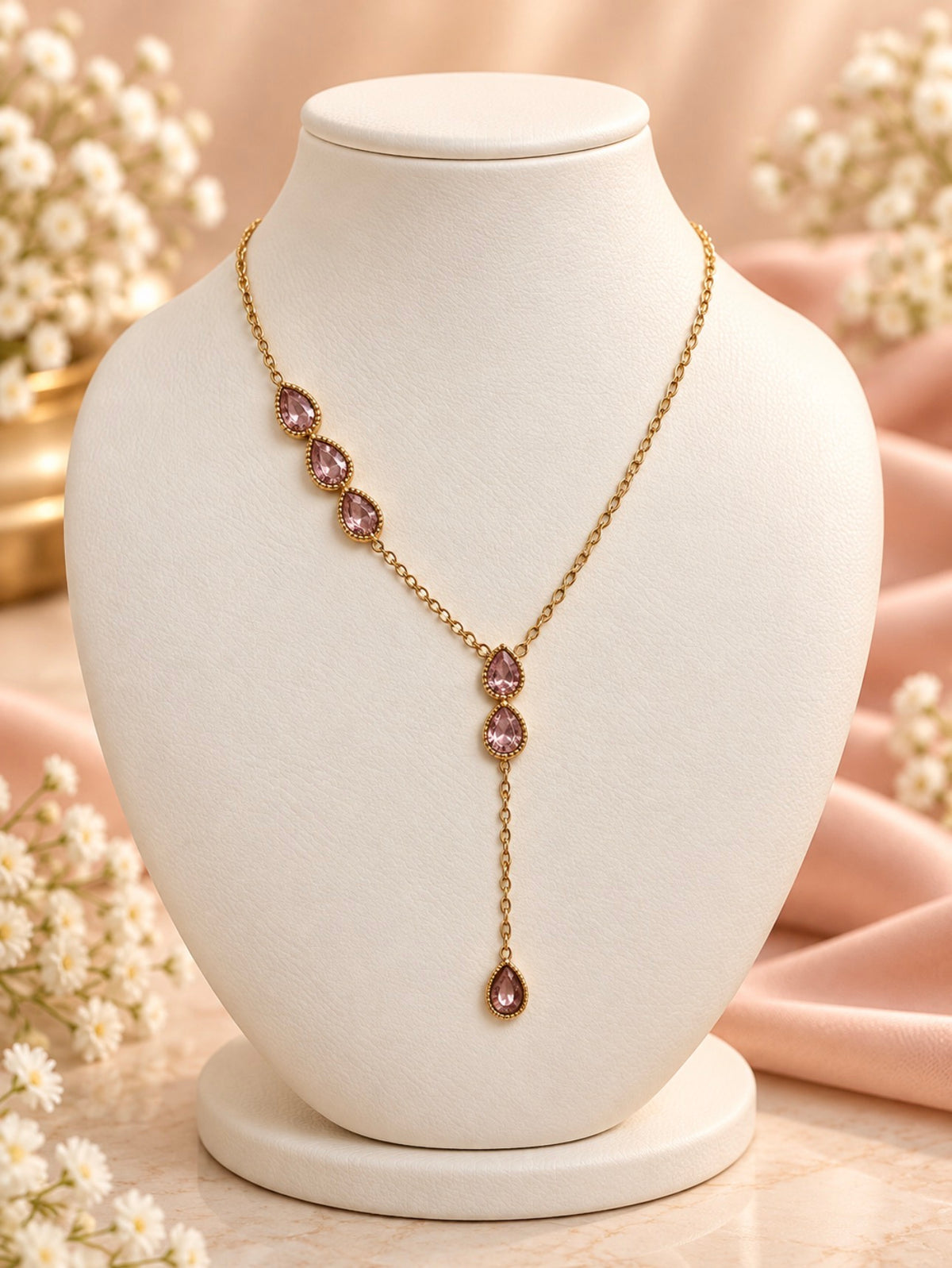 Rose Pink Teardrop Lariat Necklace ✨