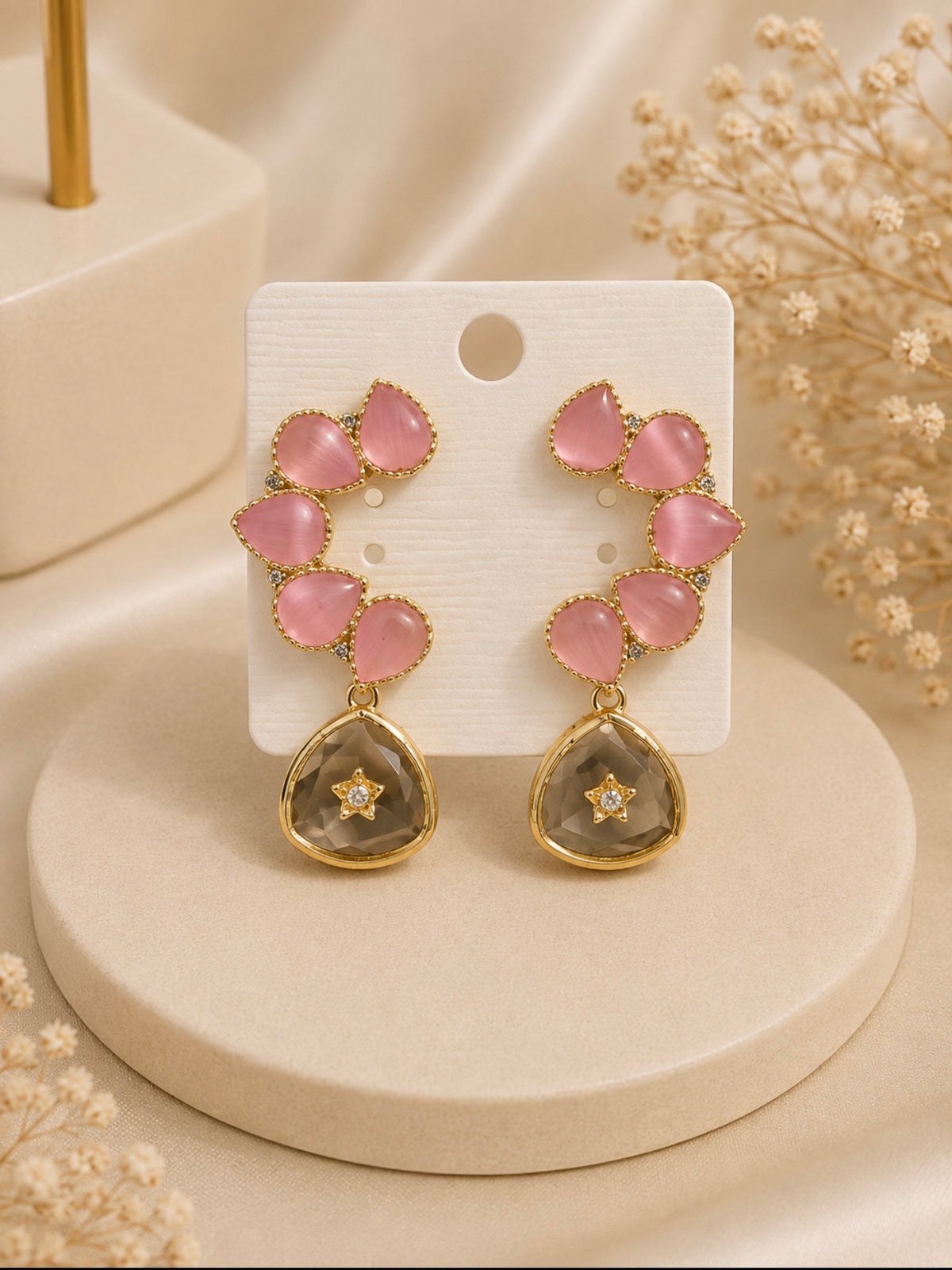 Pink Petal Crystal Drop Earrings