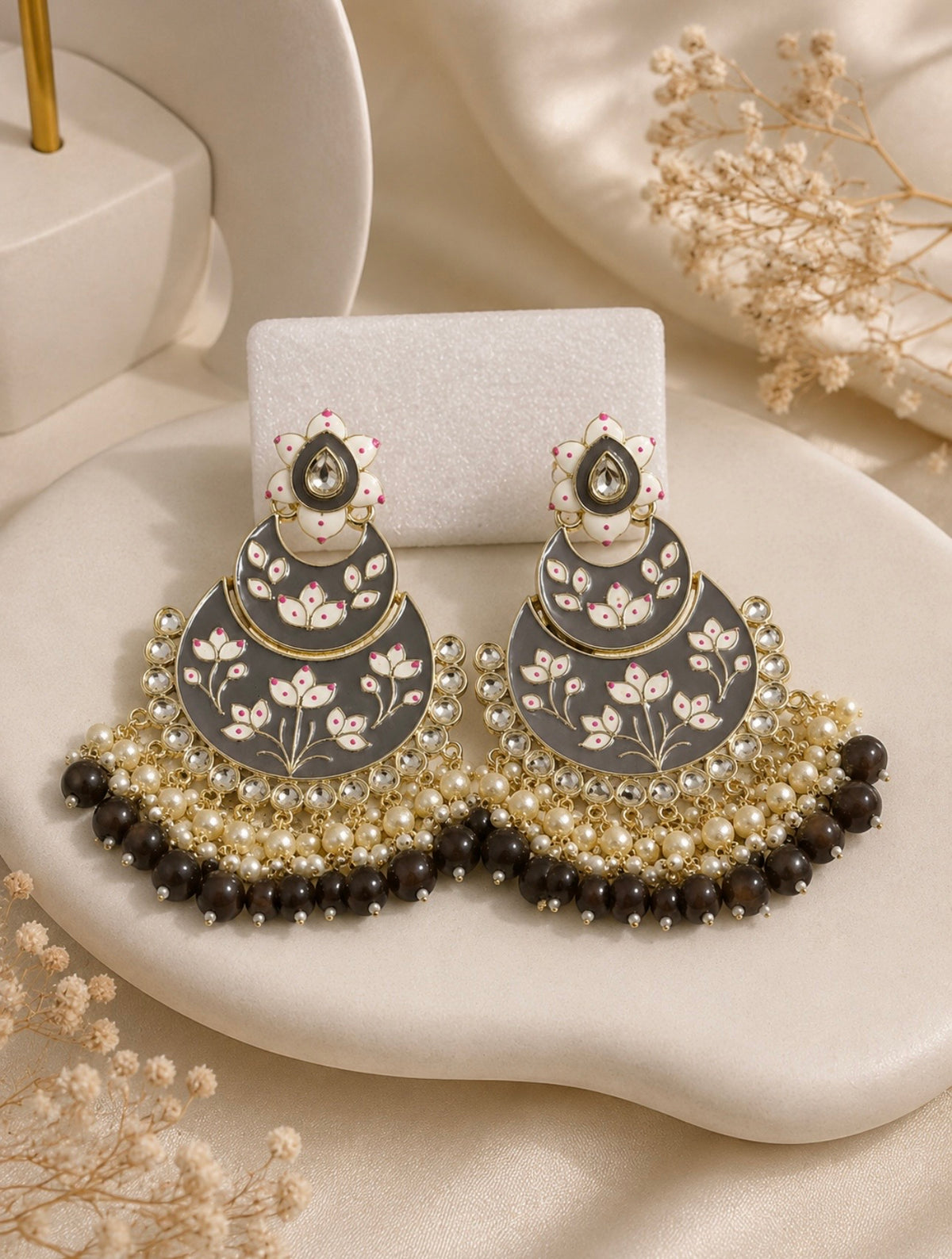 Black & Pink Floral Statement Earrings
