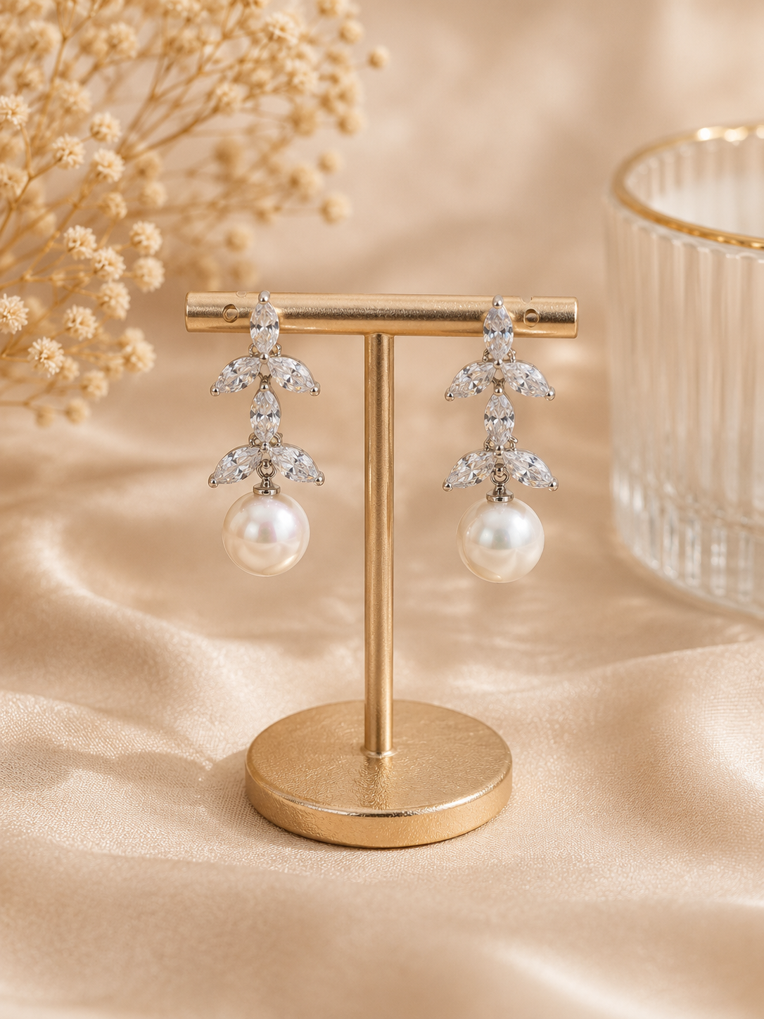 Crystal Leaf Pearl Drop Earrings