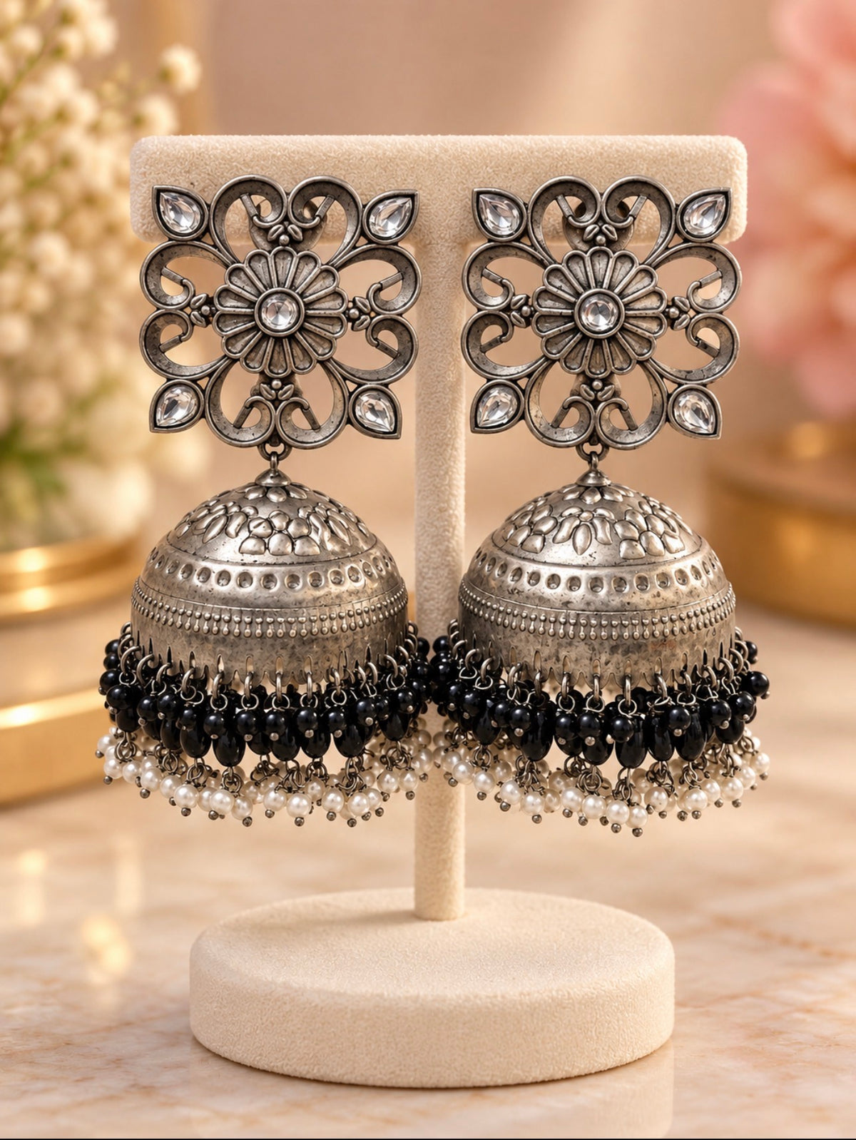 Oxidised Silver & Black Jhumkas