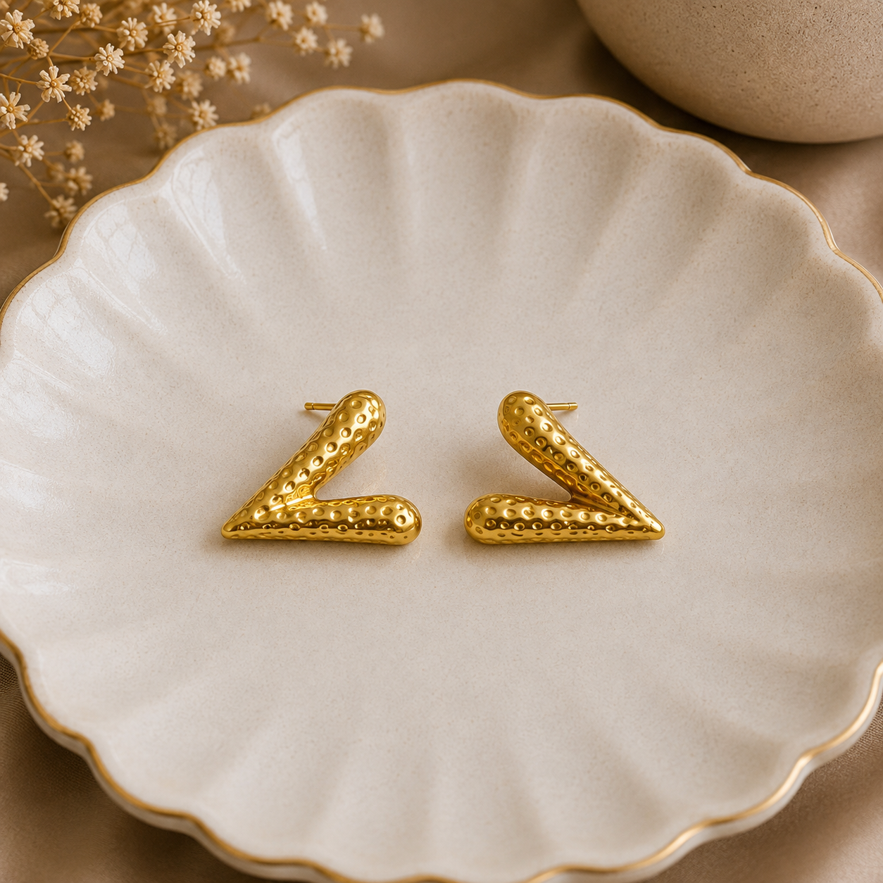 Textured V-Shape Gold Stud Earrings