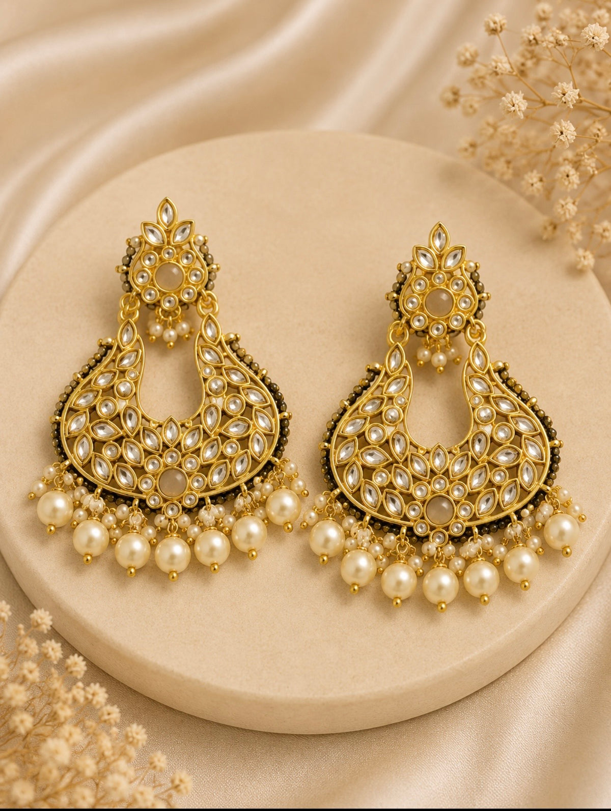 Antique Kundan Pearl Chandbali Earrings