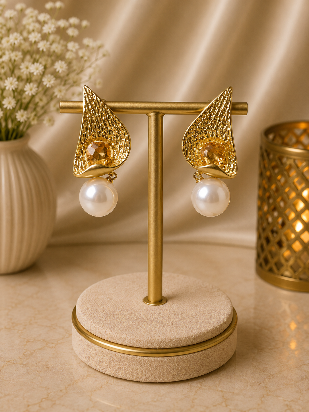 Golden Calla Pearl Drop Earrings