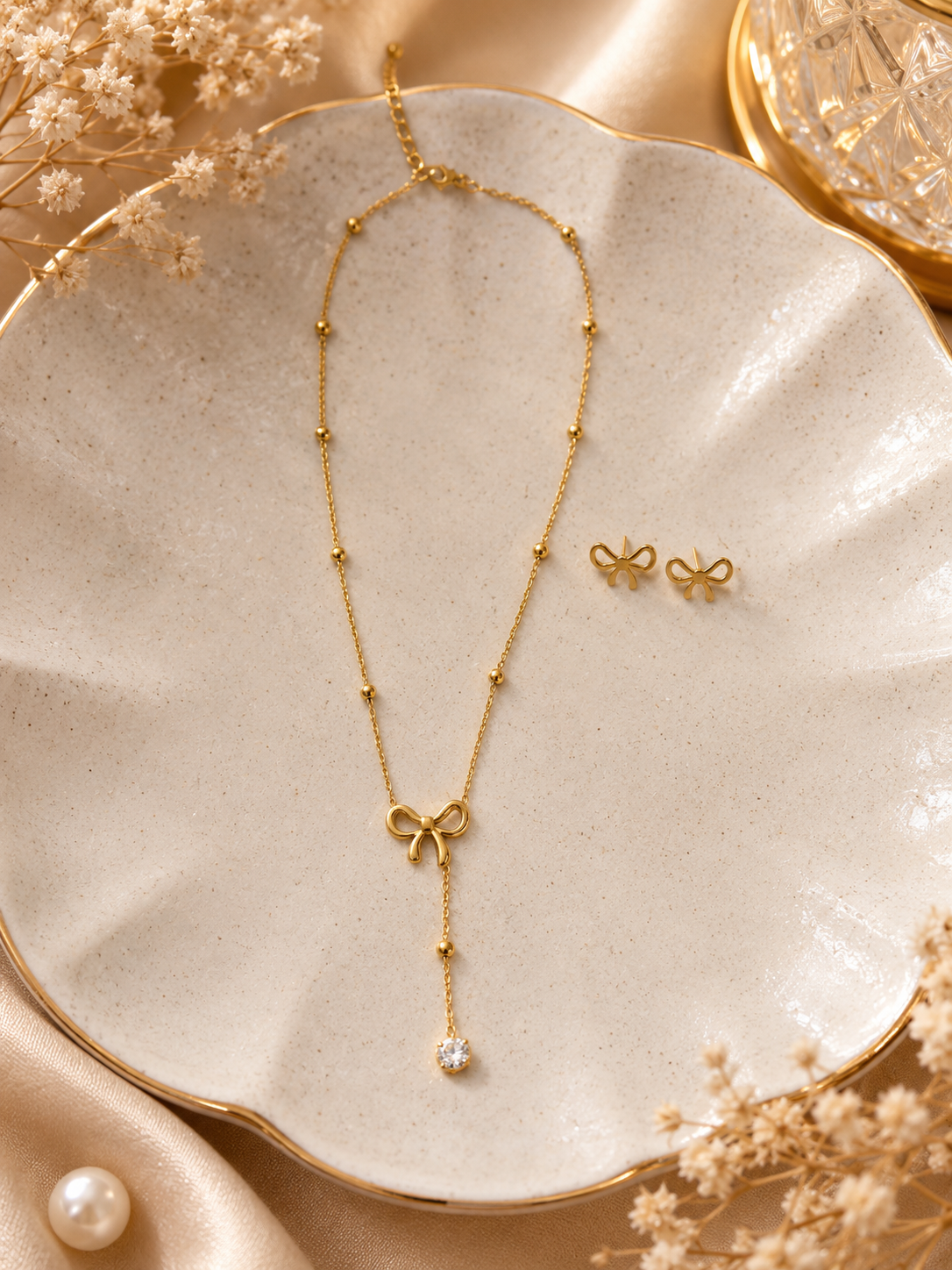 Crystal Bow Drop Necklace Set