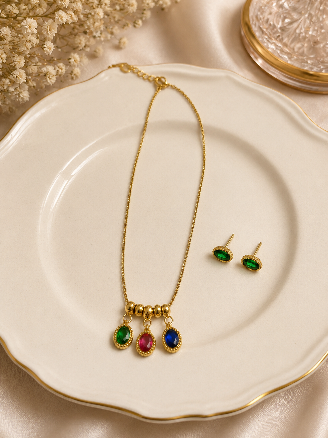 Trinity Gem Charm Necklace Set