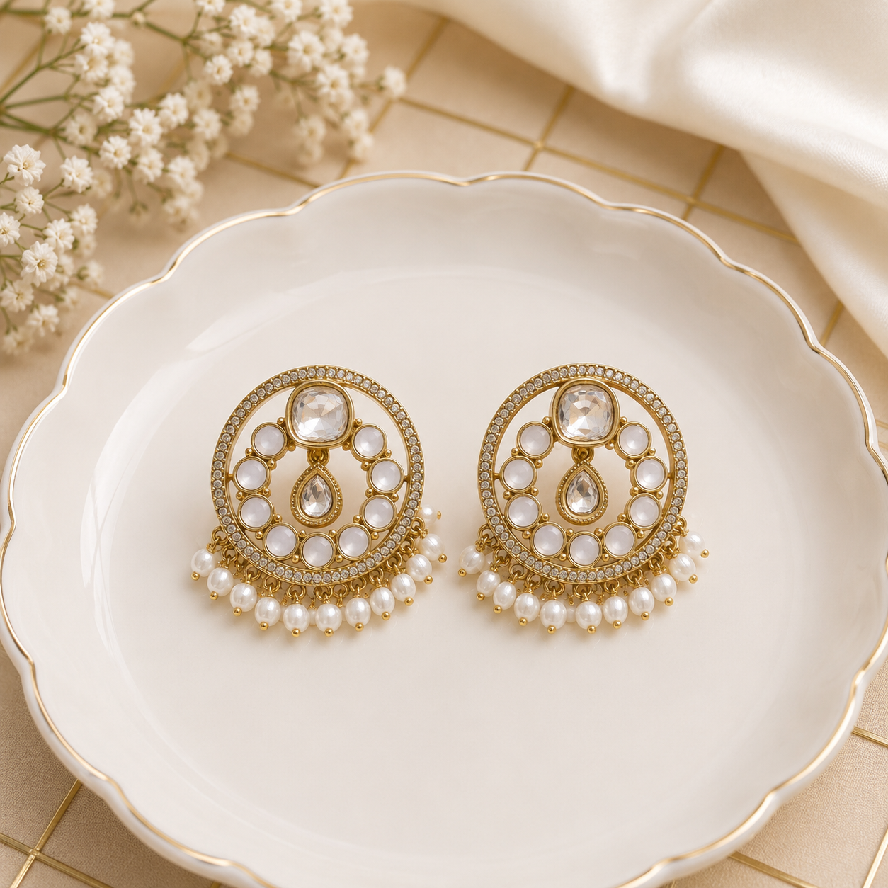 Pearl Halo Chandbali- white